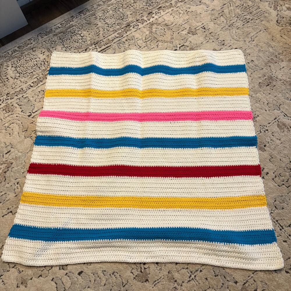 Handmade VTG White Pink Yellow Blue Afghan Blanket Soft Retro 34 in x 35 in